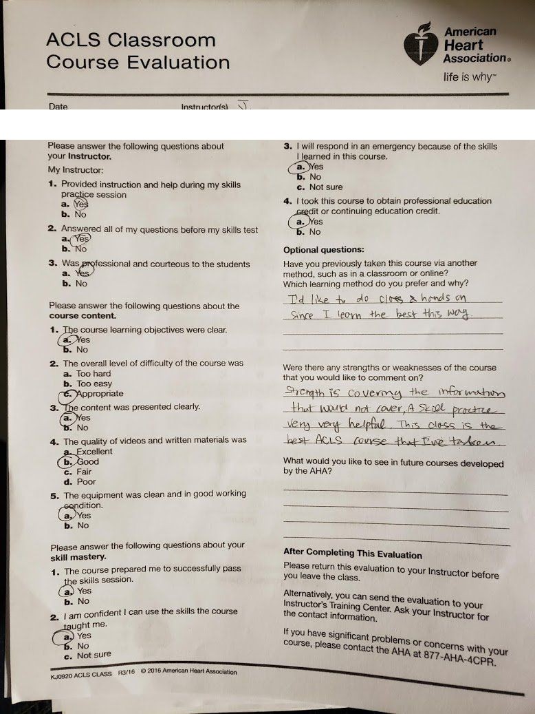Five-star AHA ACLS classroom course evaluation calling it the best ACLS course the student has taken, praising instructor Jason Pellegrino — Central Florida