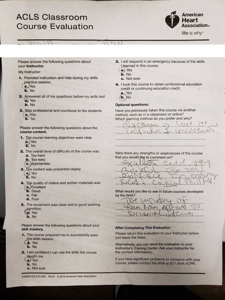 Five-star AHA ACLS classroom course evaluation praising instructor Jason Pellegrino for building confidence and critical skills — Central Florida