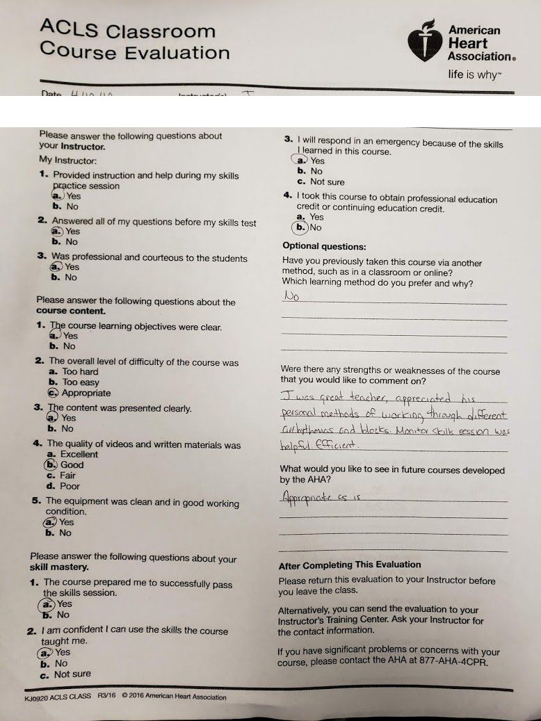 Five-star AHA ACLS classroom course evaluation praising instructor Jason Pellegrino for his personal teaching methods through arrhythmias and heart blocks — Central Florida