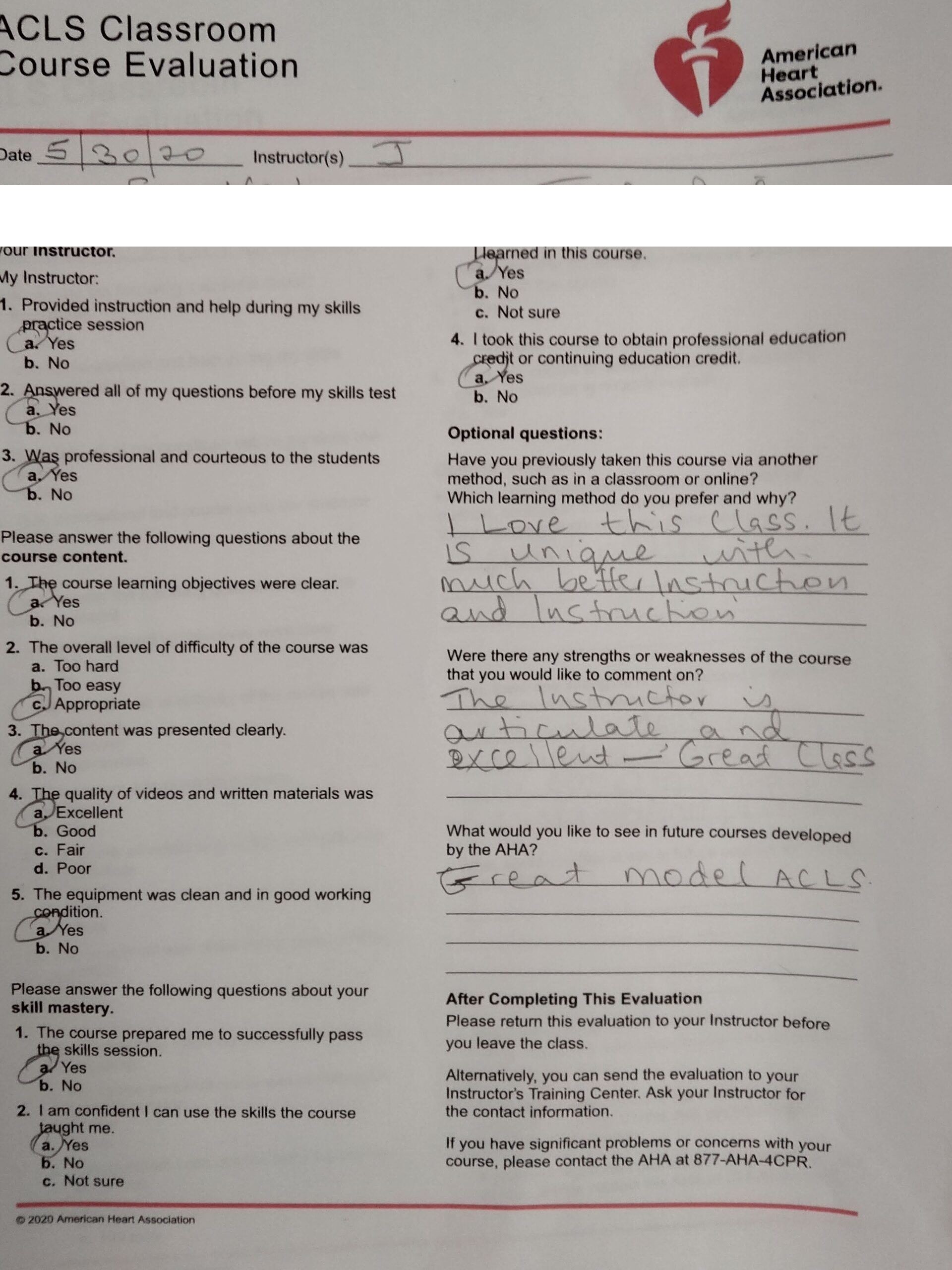 Five-star AHA ACLS course evaluation praising instructor Jason Pellegrino as articulate and excellent — Central Florida