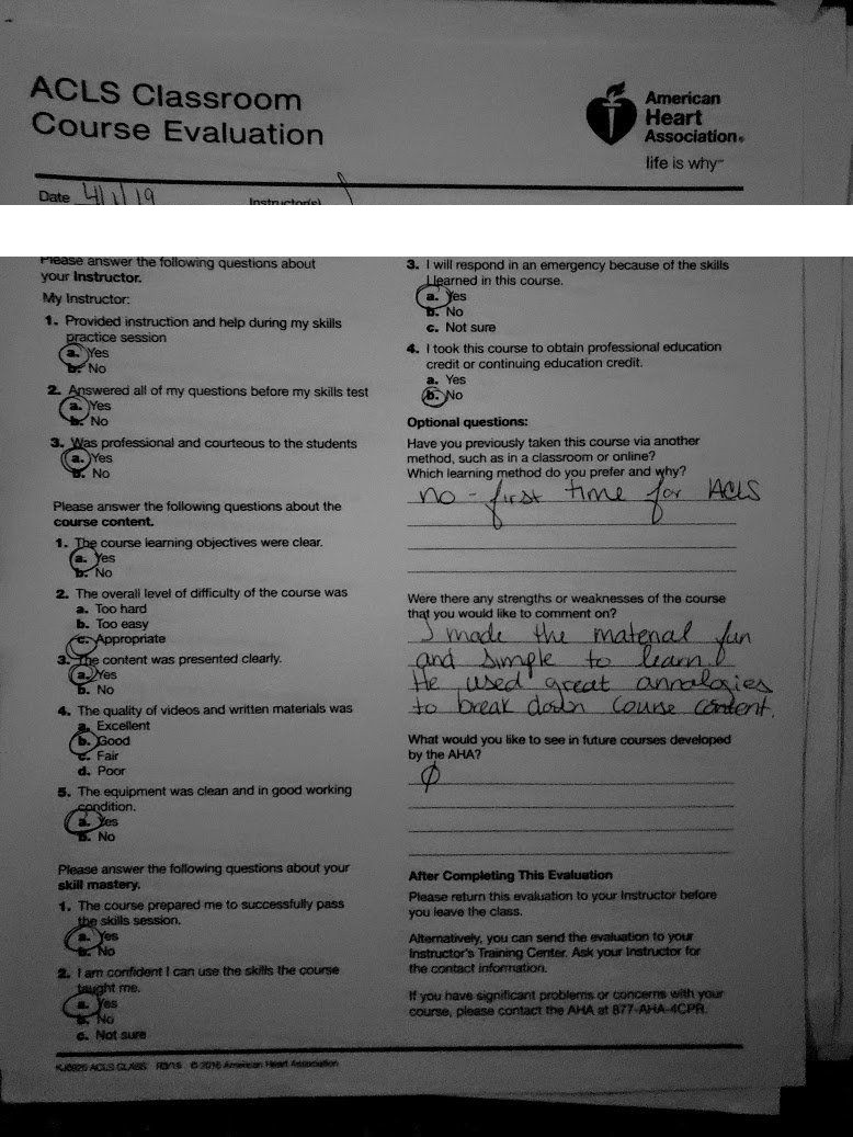 Five-star AHA ACLS classroom course evaluation praising instructor Jason Pellegrino for making the material fun and using great analogies to break down course content — Central Florida