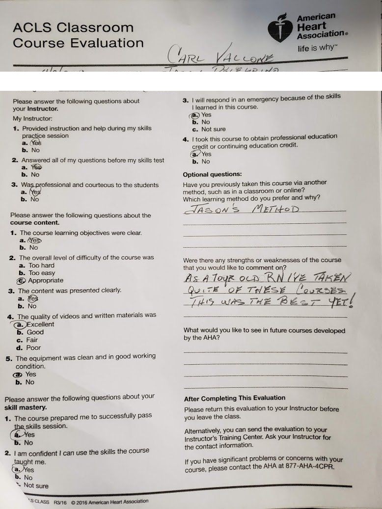 Five-star AHA ACLS course evaluation from a 70-year-old RN praising instructor Jason Pellegrino as the best course yet — Central Florida