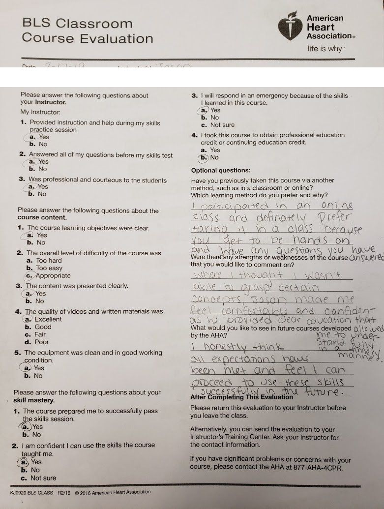 Five-star AHA BLS course evaluation praising instructor Jason Pellegrino for clear, hands-on teaching that built confidence — Central Florida