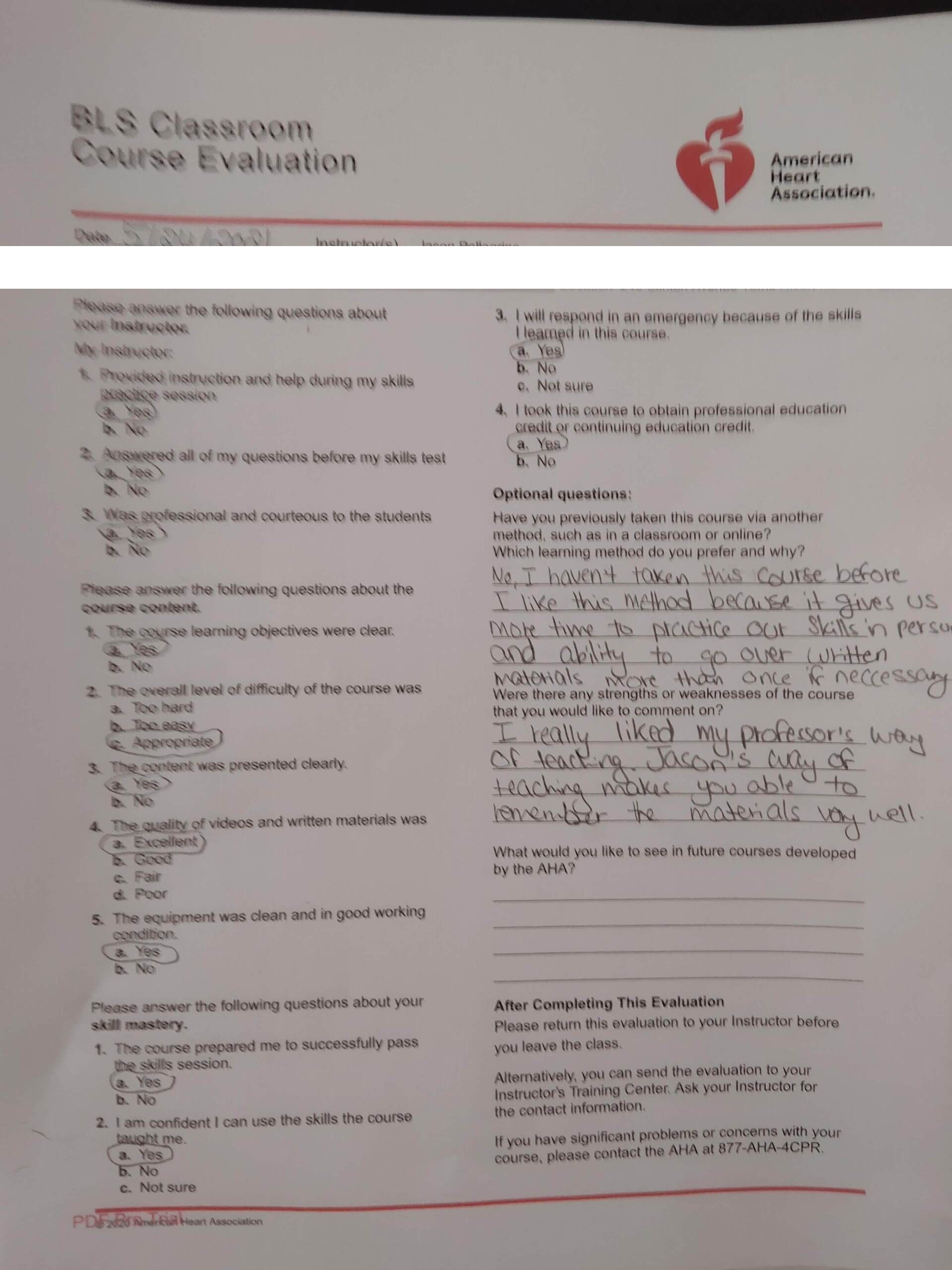 Five-star AHA BLS course evaluation praising instructor Jason Pellegrino for memorable, hands-on teaching — Central Florida