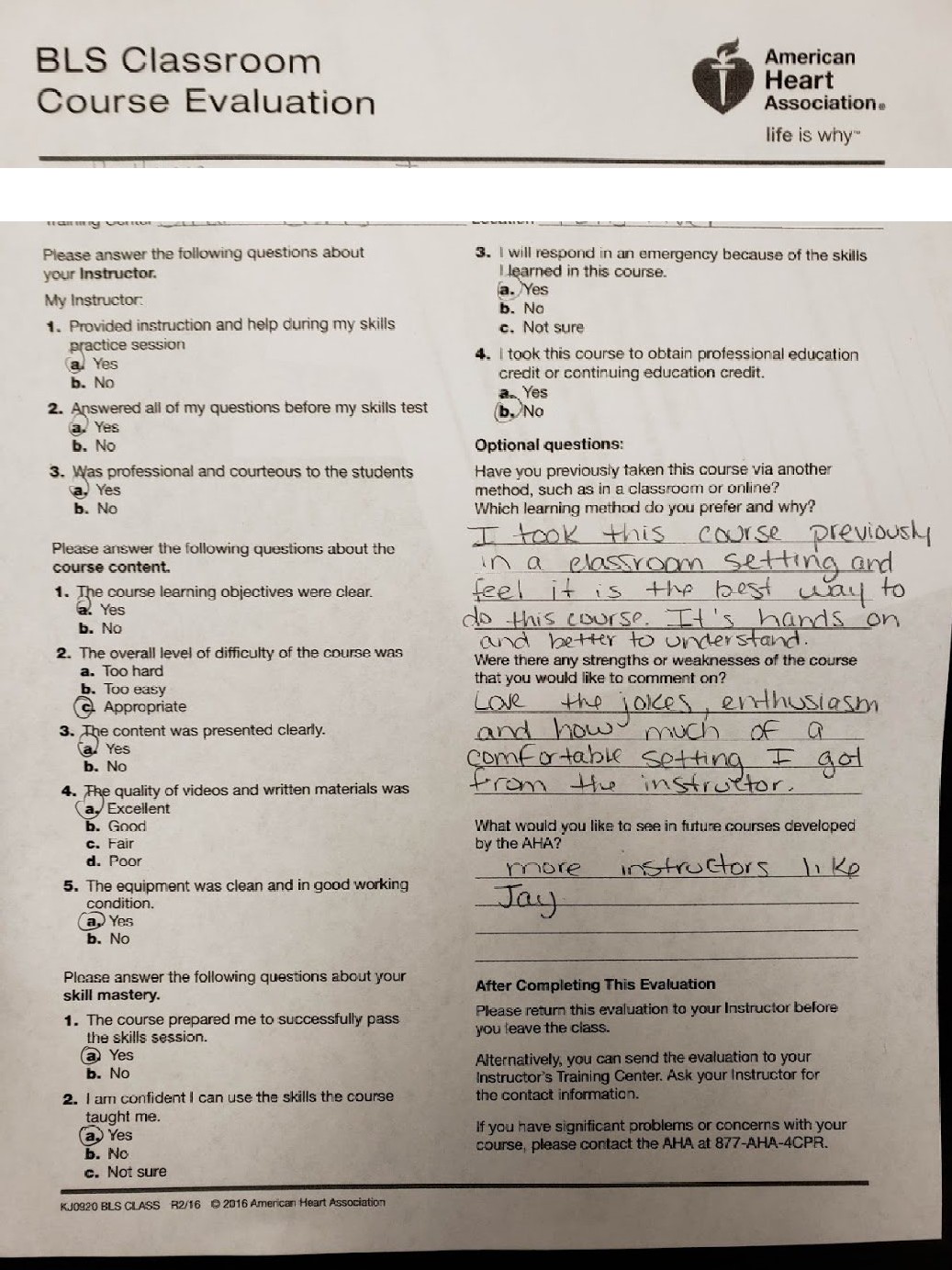 Five-star AHA BLS classroom course evaluation praising instructor Jason Pellegrino for a hands-on, enthusiastic, and comfortable class — Central Florida