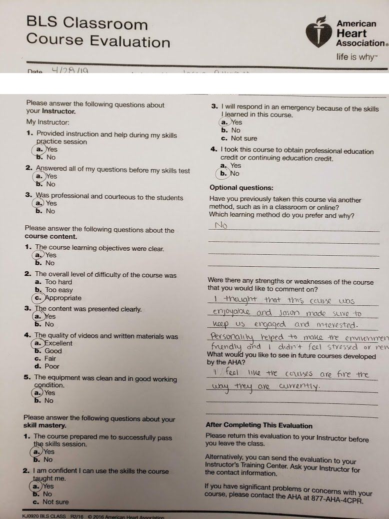 Five-star AHA BLS course evaluation praising instructor Jason Pellegrino for an enjoyable, engaging class with a friendly, low-stress environment — Central Florida