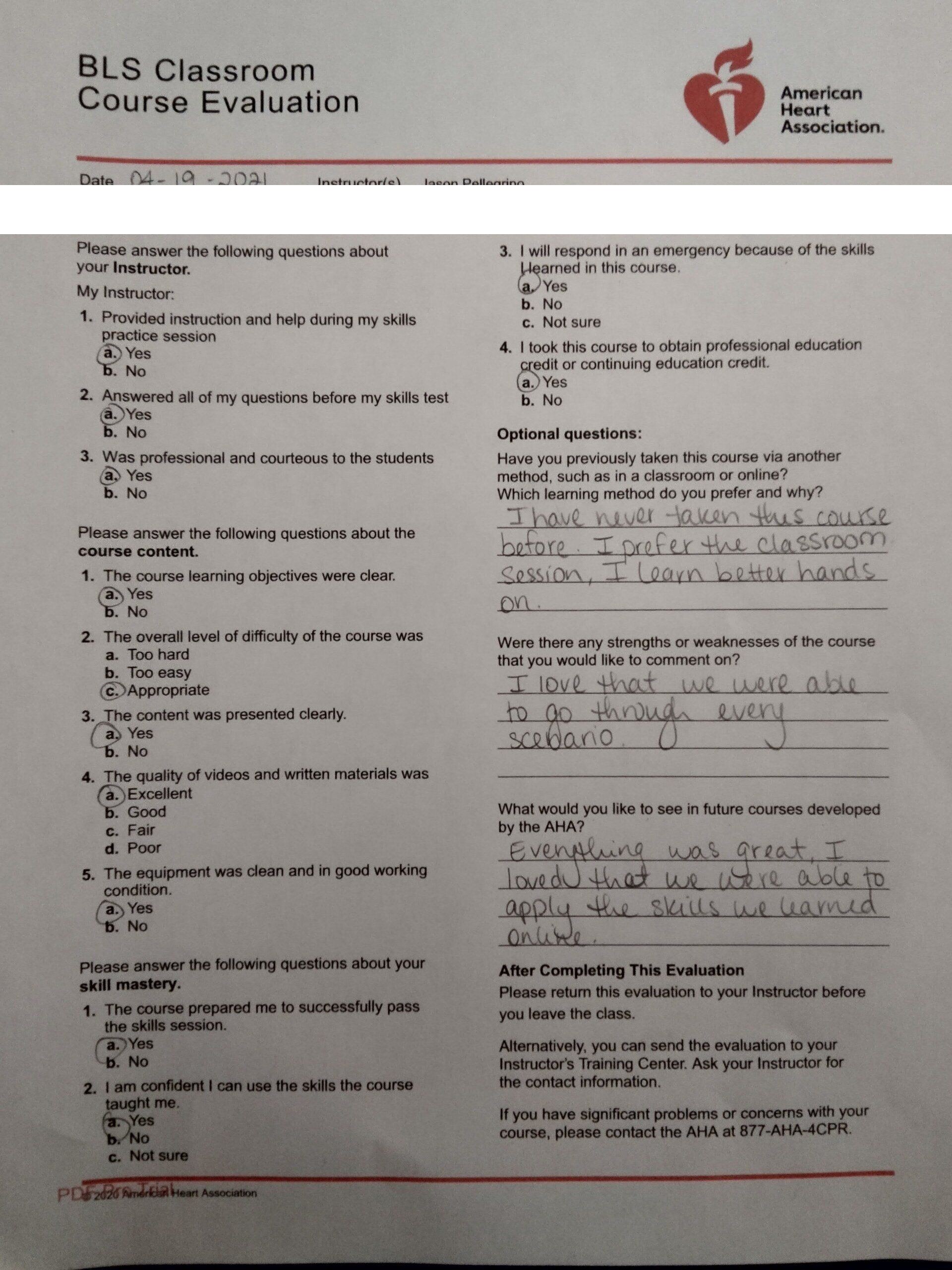 Five-star AHA BLS classroom course evaluation praising instructor Jason Pellegrino for hands-on training that covered every scenario — Central Florida