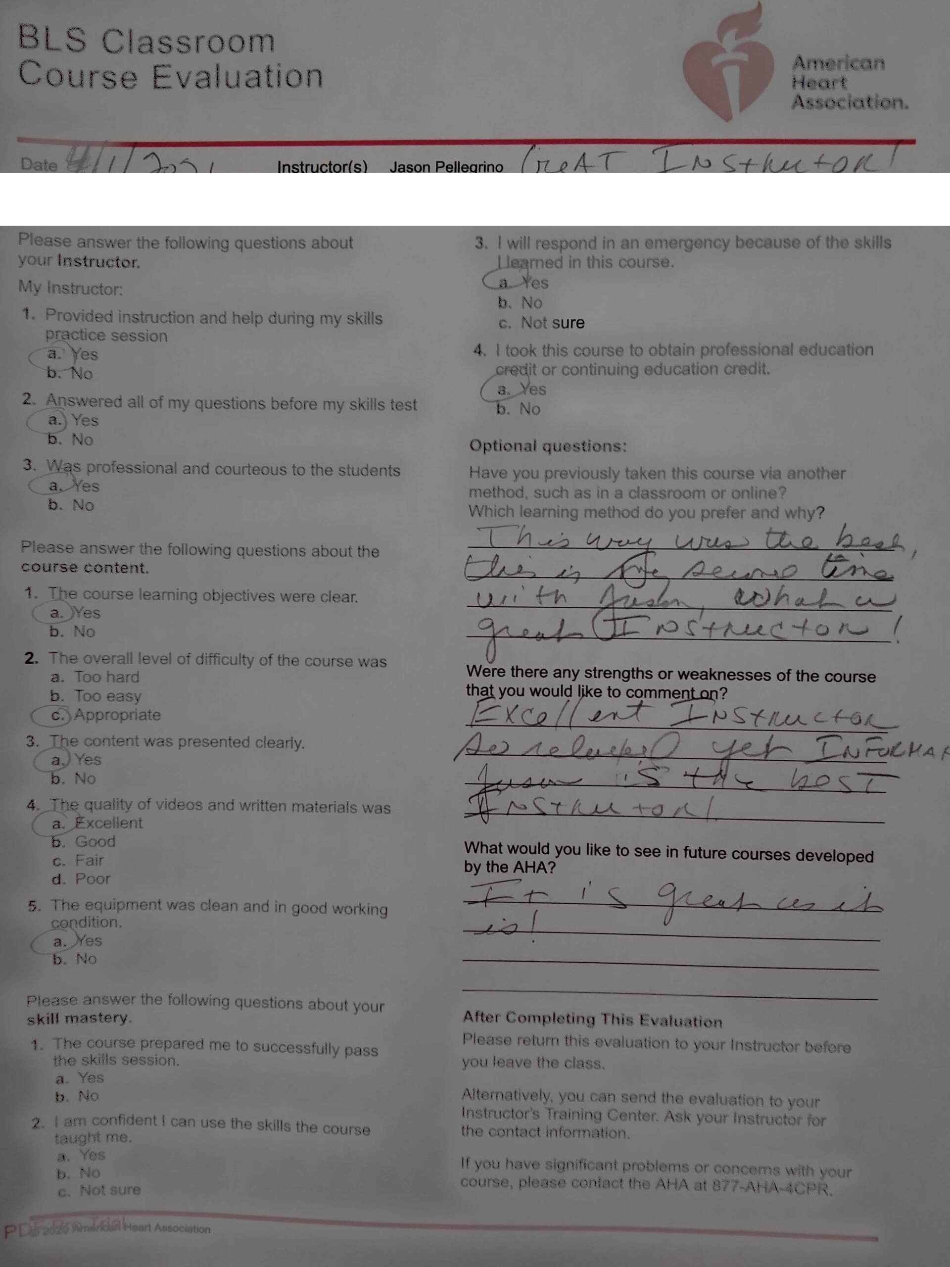 Five-star AHA BLS course evaluation praising instructor Jason Pellegrino as a great, relaxed and informative teacher — Central Florida