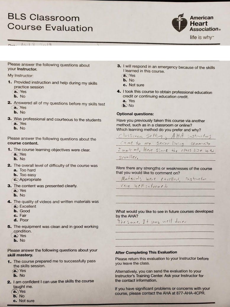 Five-star AHA BLS course evaluation praising instructor Jason Pellegrino for excellent materials and a well-informed, small-class teaching style — Central Florida