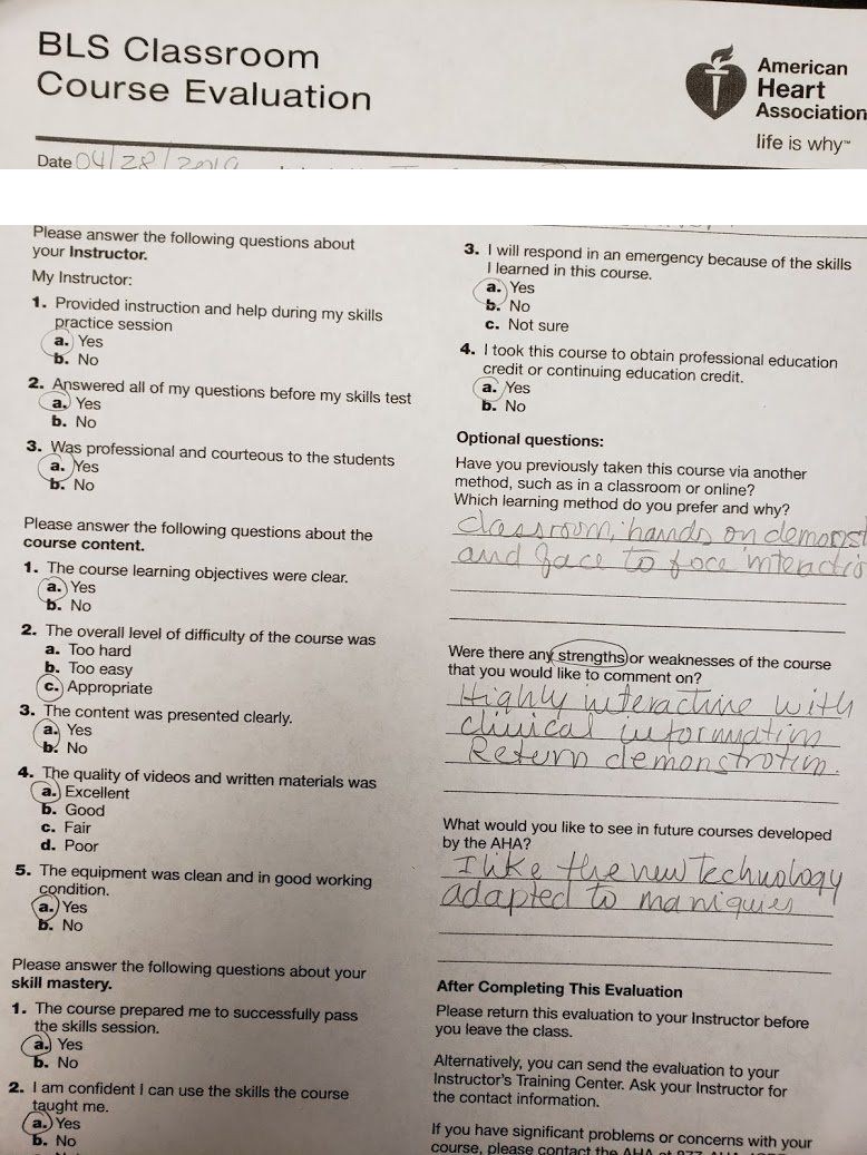 Five-star AHA BLS course evaluation praising hands-on, face-to-face instruction and return demonstration by instructor Jason Pellegrino — Central Florida