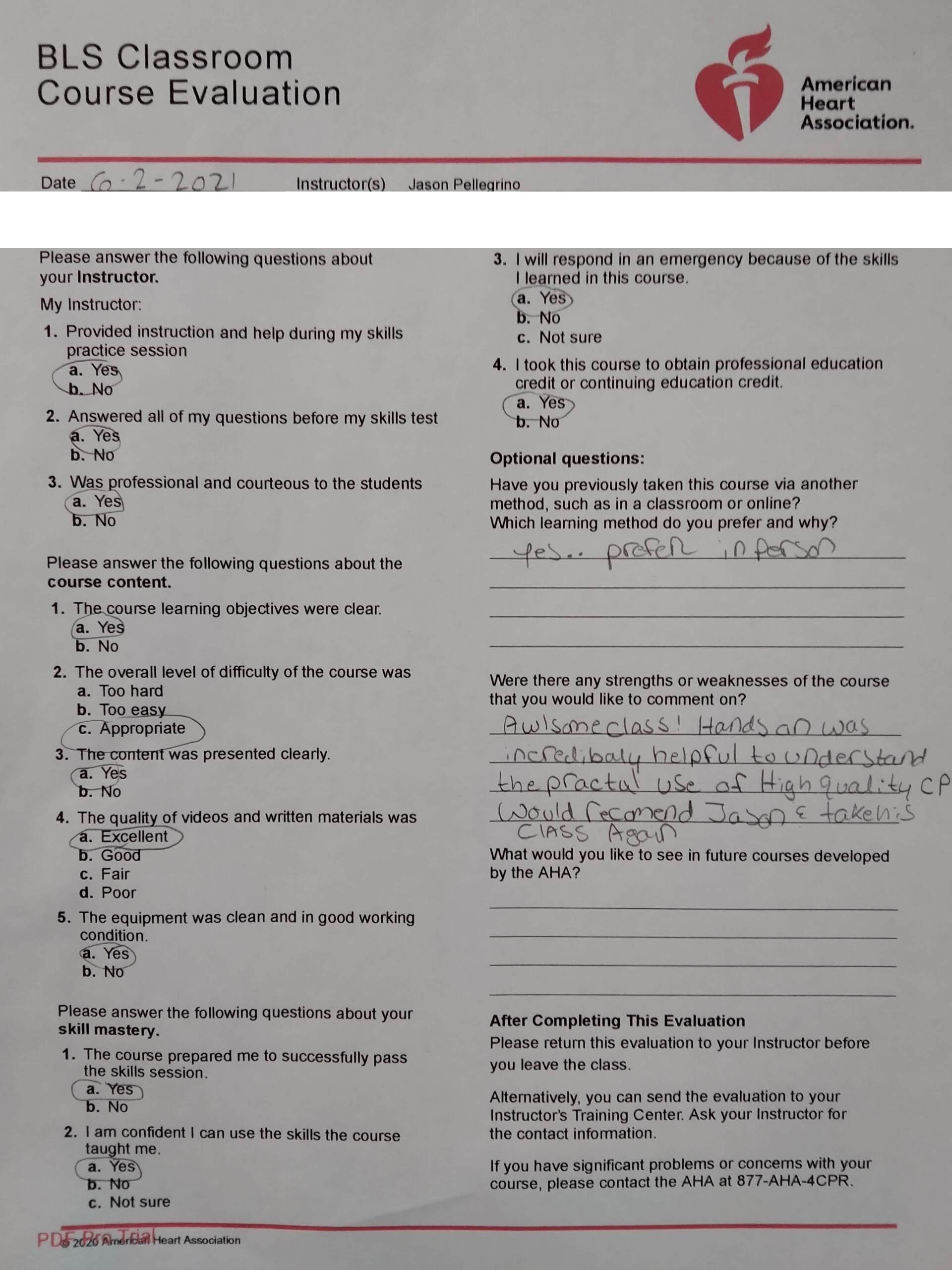 Five-star AHA BLS course evaluation praising instructor Jason Pellegrino for hands-on, high-quality CPR training — Central Florida