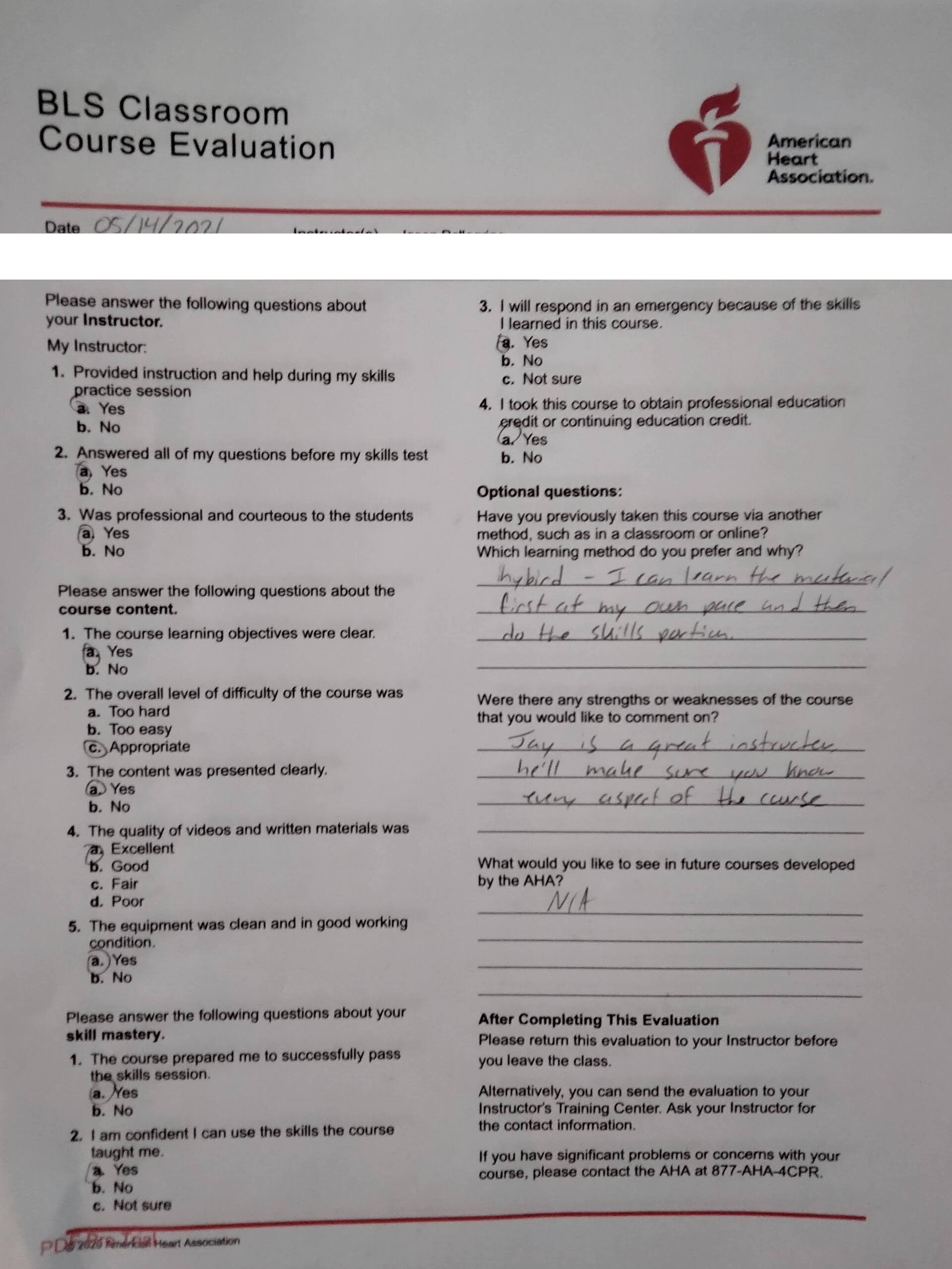Five-star AHA BLS course evaluation praising instructor Jason Pellegrino as a great instructor who makes sure you know every aspect of the course — Central Florida