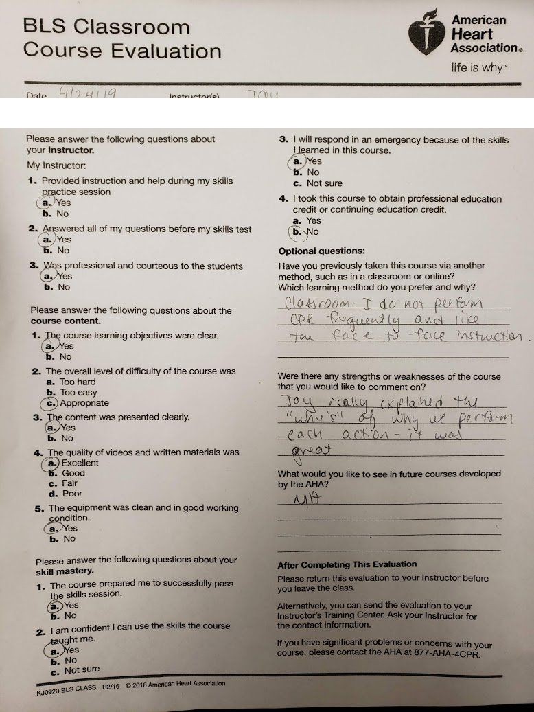 Five-star AHA BLS course evaluation praising instructor Jason Pellegrino for explaining the why behind every action in hands-on, face-to-face training — Central Florida