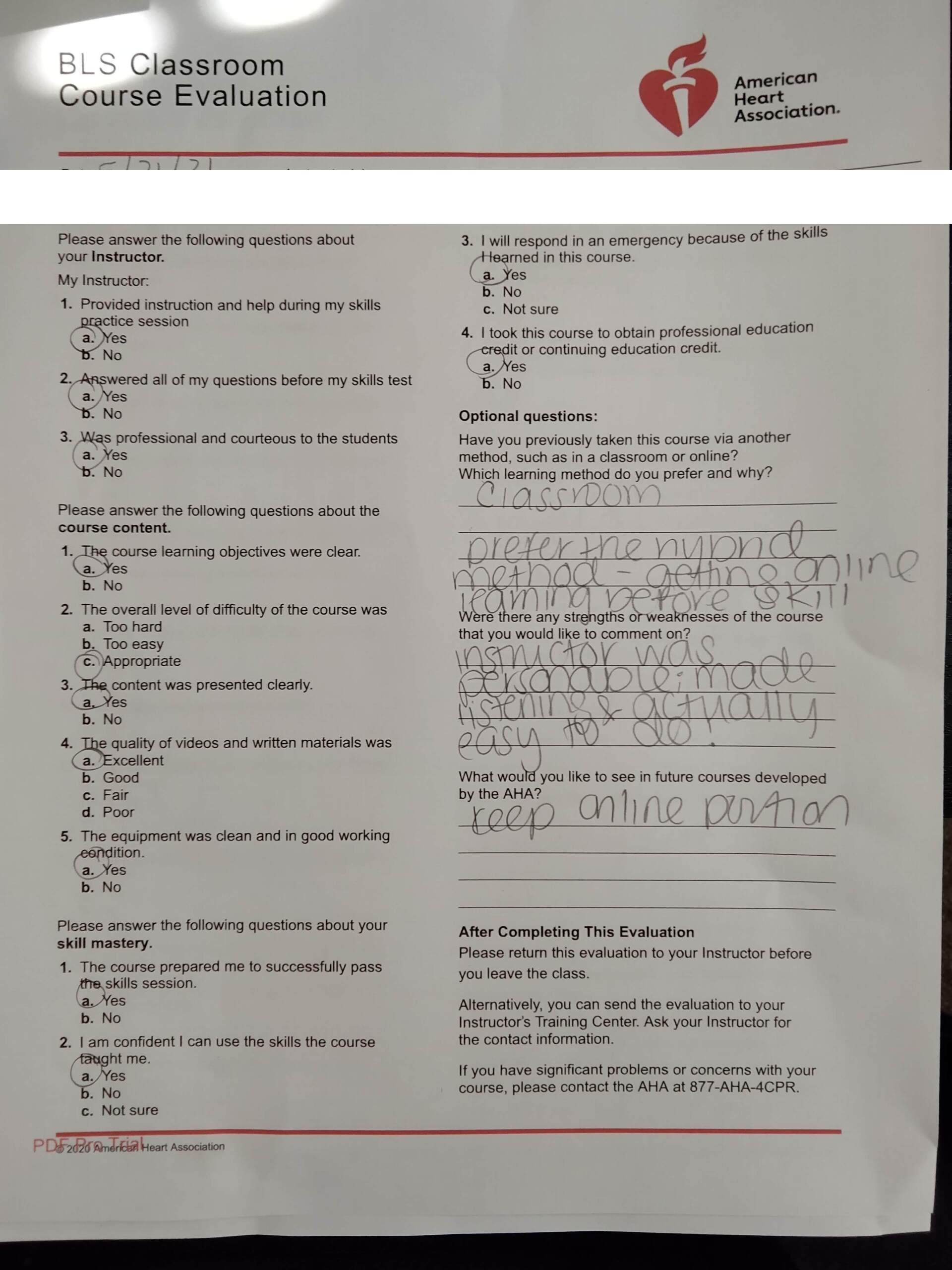 Five-star AHA BLS course evaluation praising instructor Jason Pellegrino for being understandable and making the skills easy to learn — Central Florida