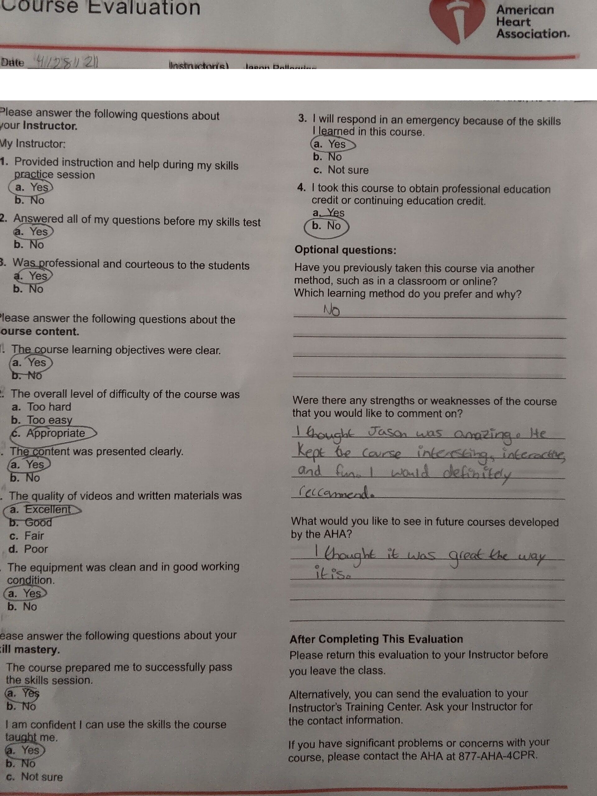 Five-star AHA BLS course evaluation praising instructor Jason Pellegrino as amazing and the course interactive and fun — Central Florida