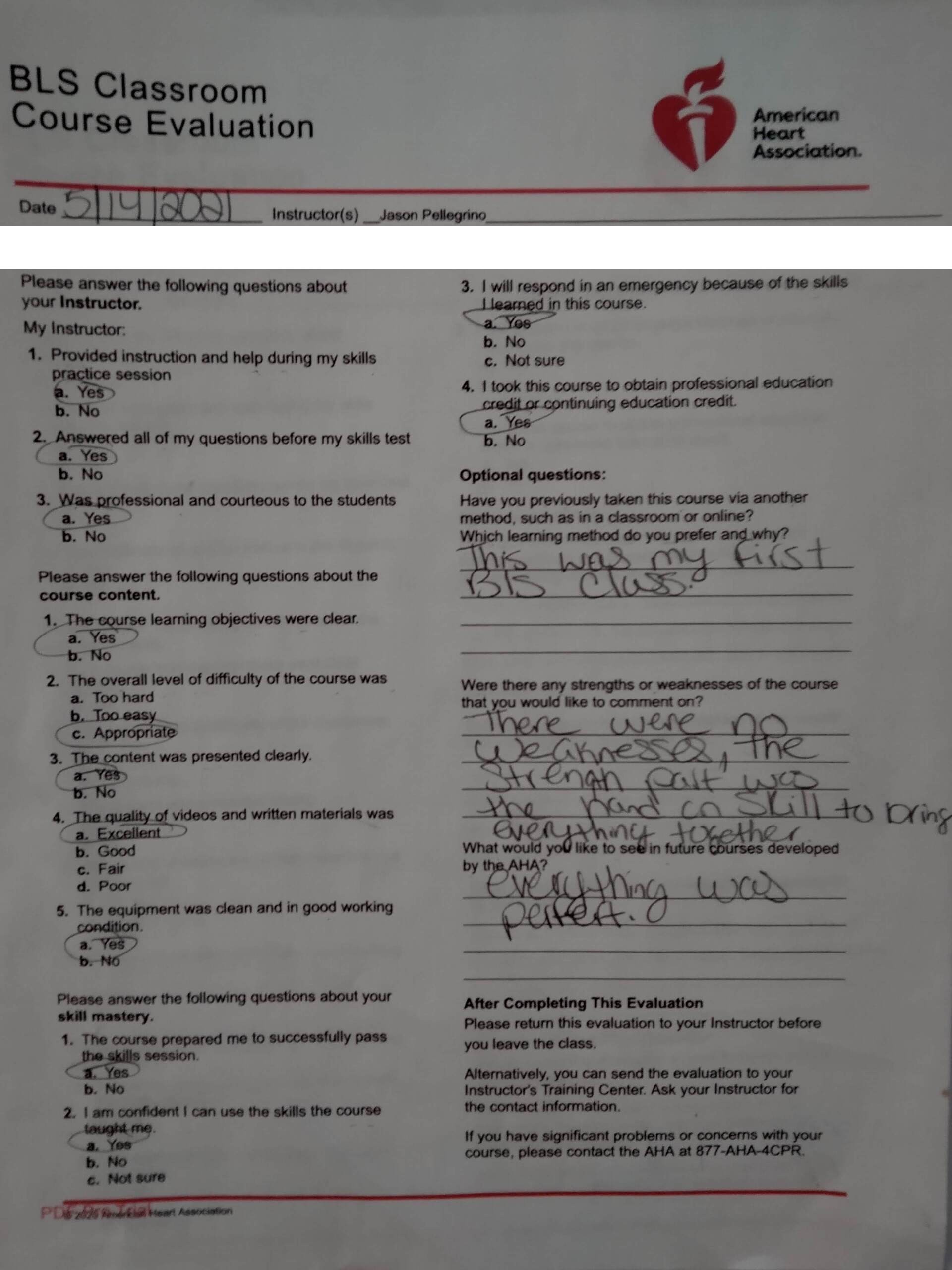 Five-star AHA BLS course evaluation praising instructor Jason Pellegrino — a first-time BLS student who said the hands-on skills practice made everything perfect — Central Florida