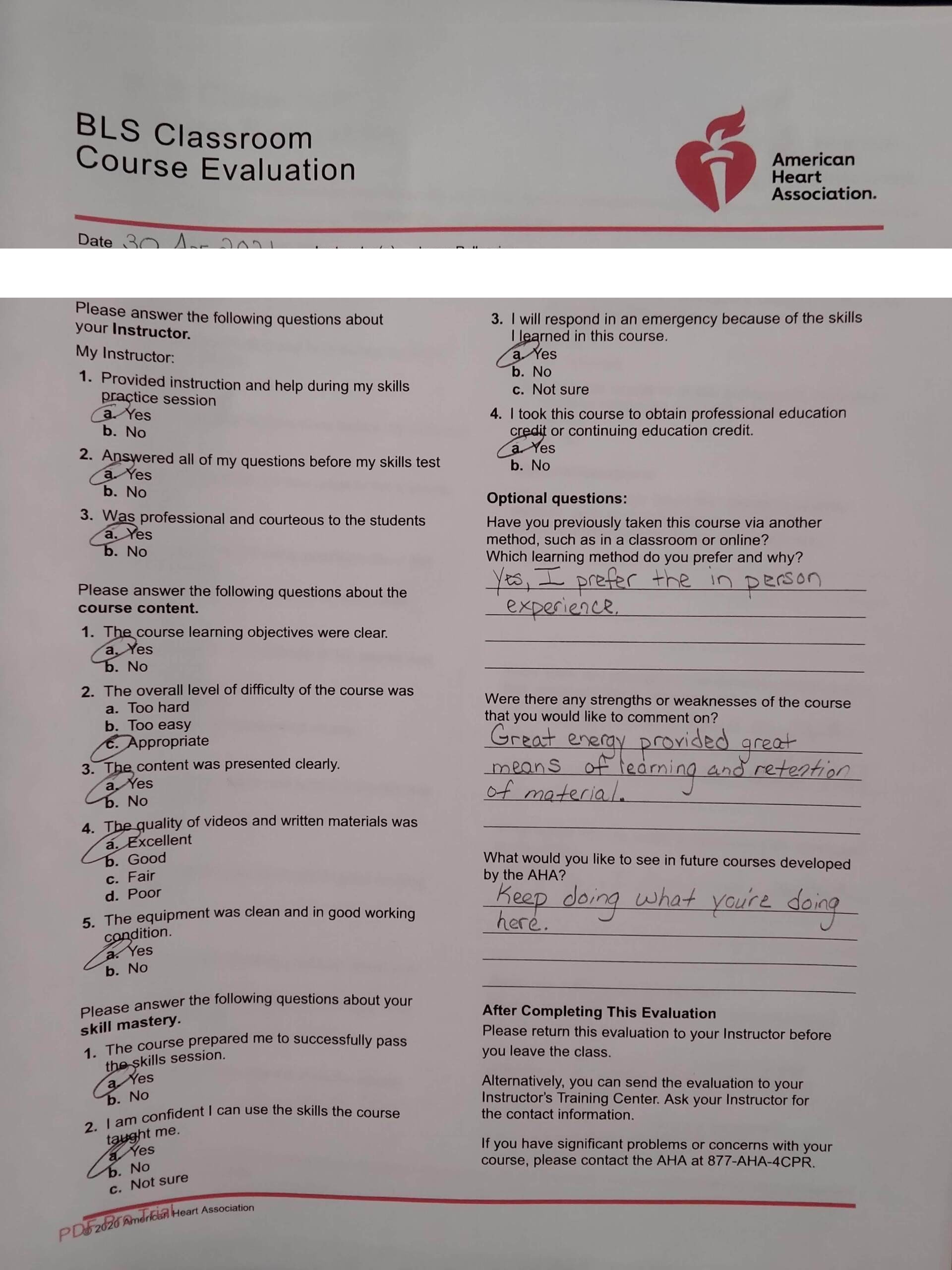 Five-star AHA BLS classroom course evaluation praising instructor Jason Pellegrino for great energy and in-person learning — Central Florida