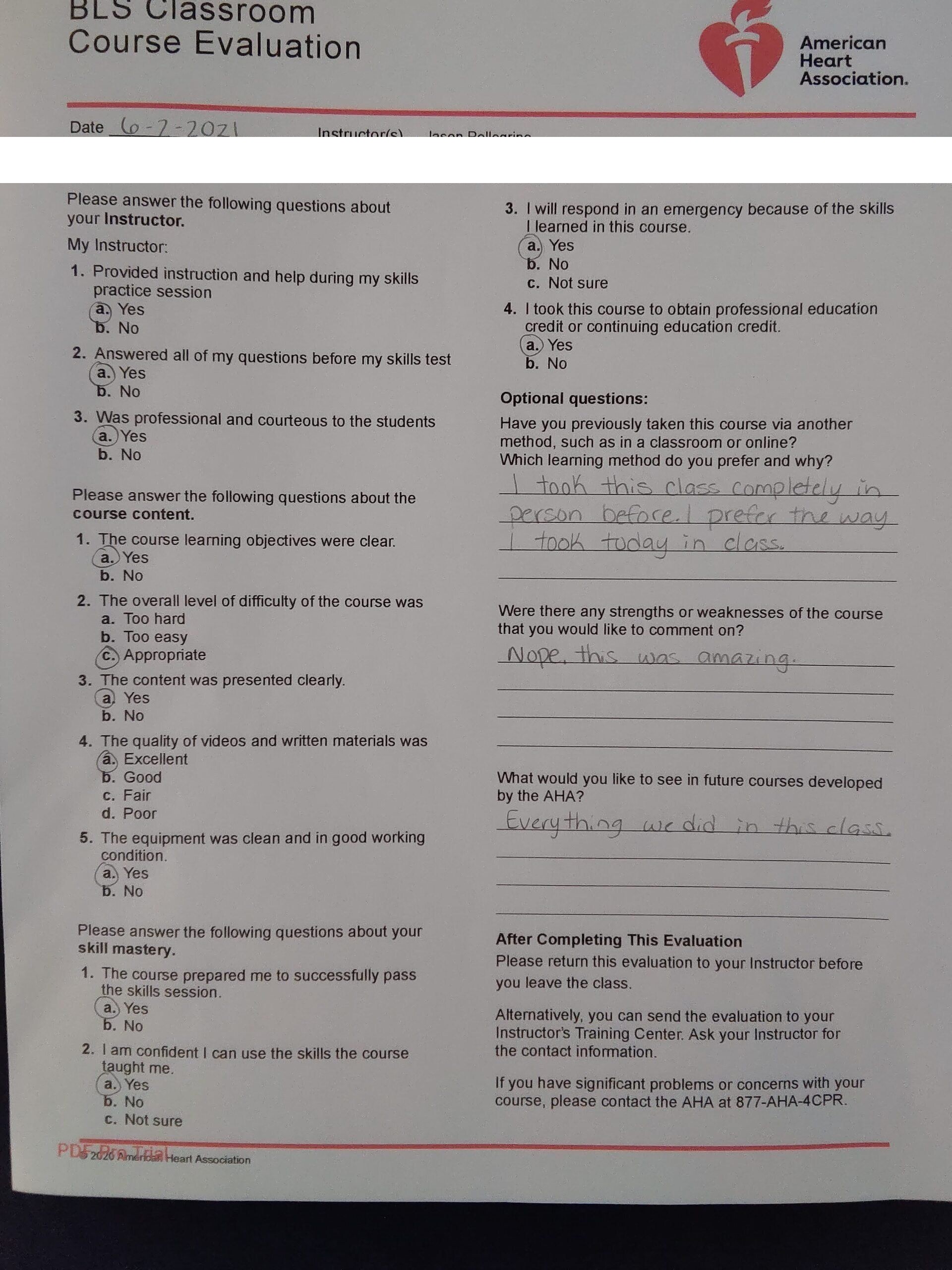Five-star AHA BLS classroom course evaluation calling the class amazing and praising instructor Jason Pellegrino — Central Florida