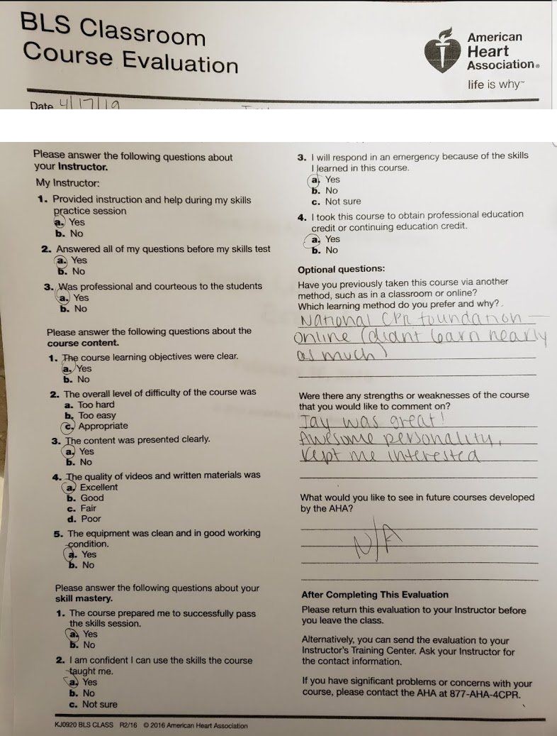 Five-star AHA BLS classroom course evaluation praising instructor Jason Pellegrino for his awesome personality and keeping the learner interested — Central Florida