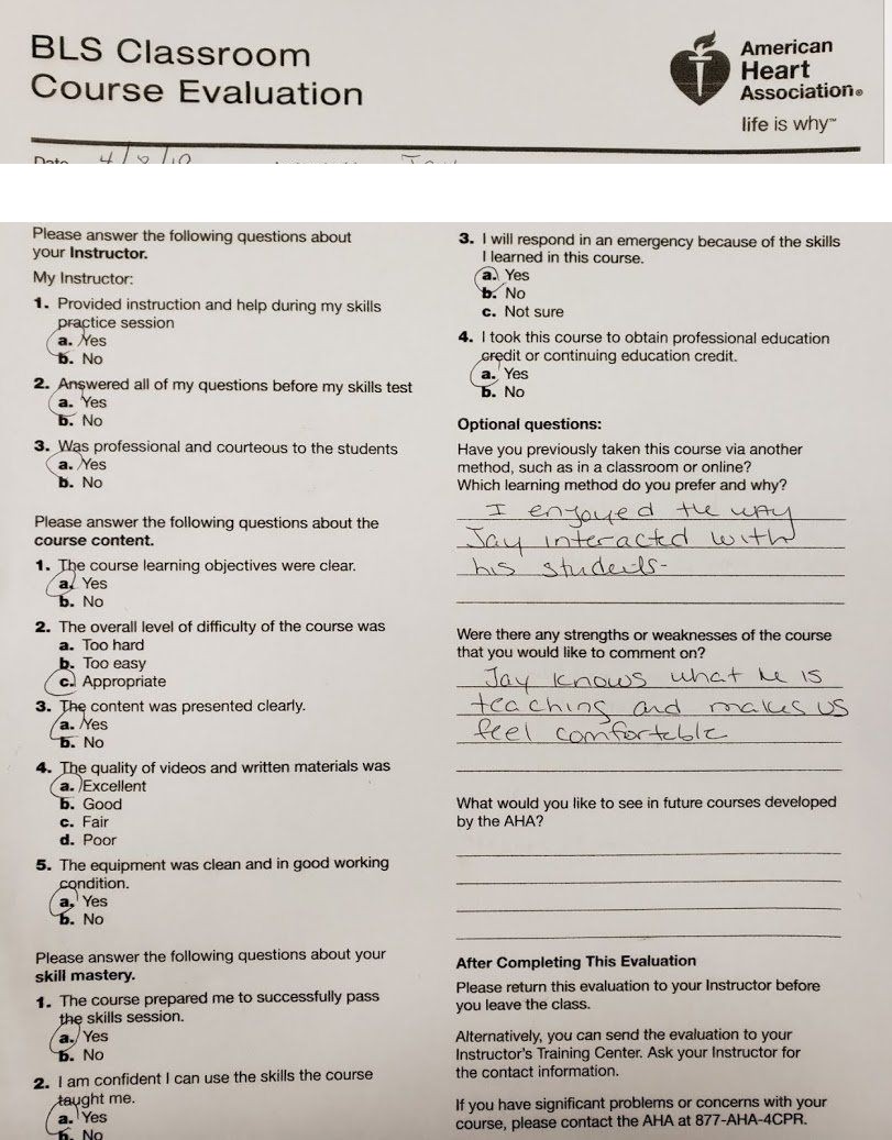 Five-star AHA BLS course evaluation praising instructor Jason Pellegrino for interacting with students and making them feel comfortable — Central Florida