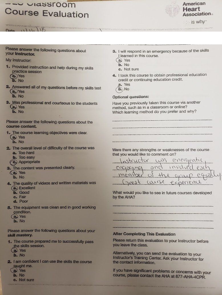 Five-star AHA BLS course evaluation praising instructor Jason Pellegrino as energetic and engaging with the whole group — Central Florida