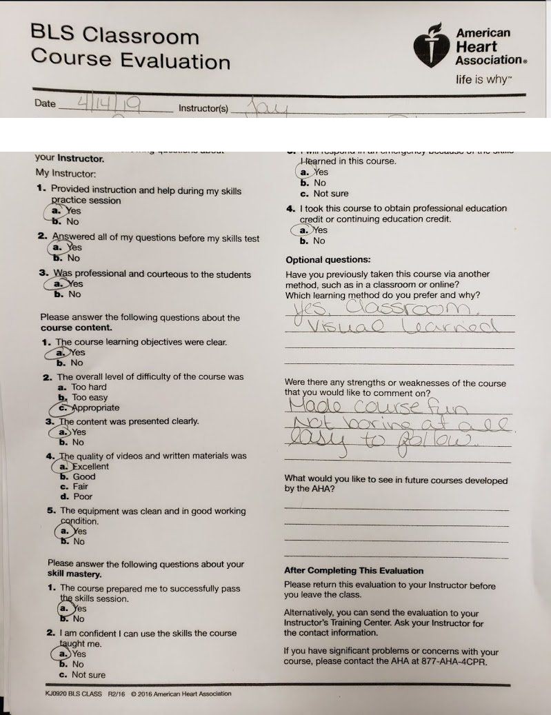 Five-star AHA BLS classroom course evaluation praising instructor Jason Pellegrino for making the course fun and easy to follow — Central Florida
