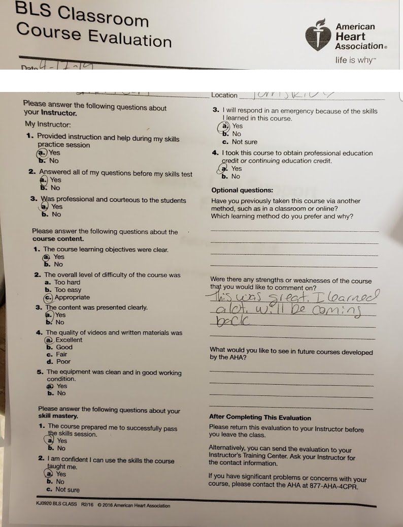 Five-star AHA BLS course evaluation praising instructor Jason Pellegrino, handwritten note saying the class was great and the student will be coming back — Central Florida