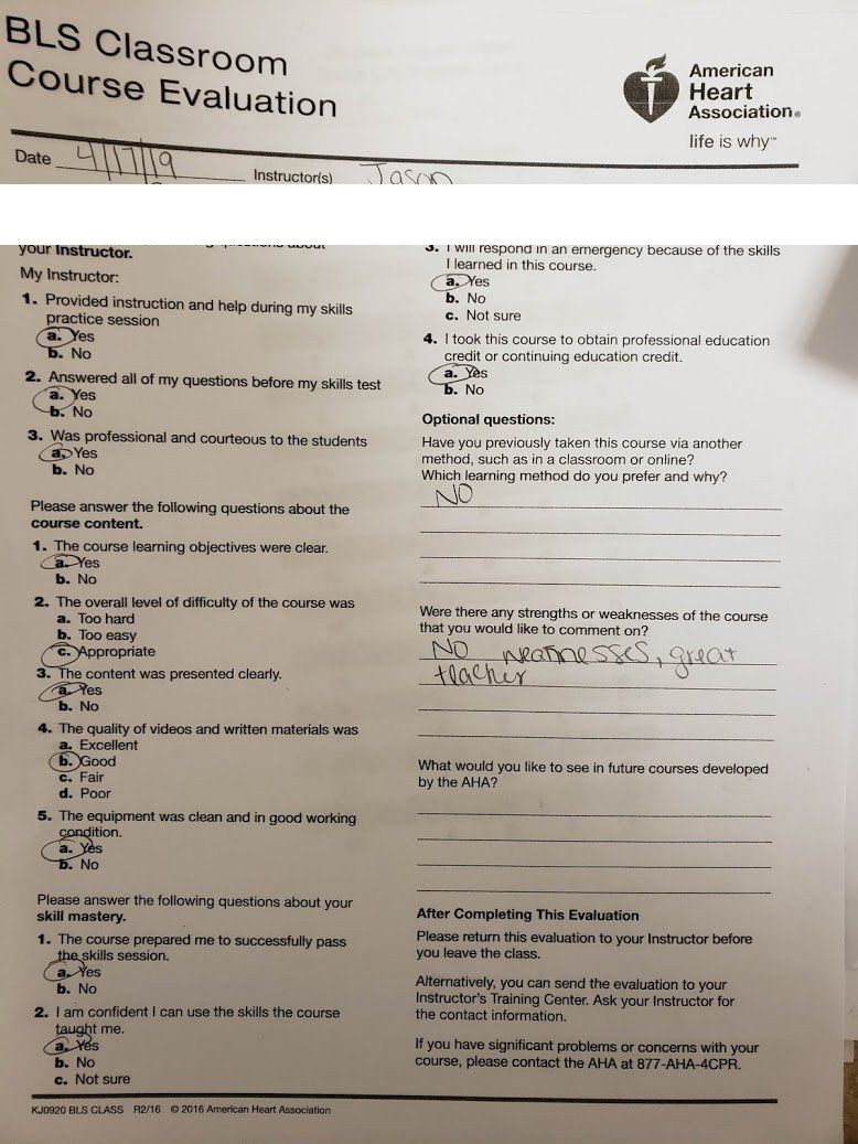 Five-star AHA BLS course evaluation praising instructor Jason Pellegrino as a great teacher with no weaknesses — Central Florida