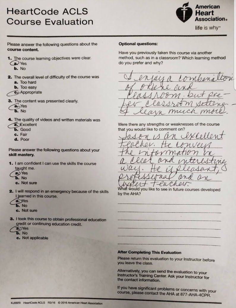 Five-star AHA HeartCode ACLS course evaluation praising instructor Jason Pellegrino as a clear, pleasant, and expert teacher — Central Florida