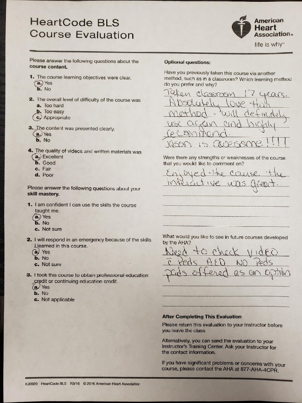 Five-star AHA HeartCode BLS course evaluation praising instructor Jason Pellegrino, calling him awesome and the interactive method great — Central Florida